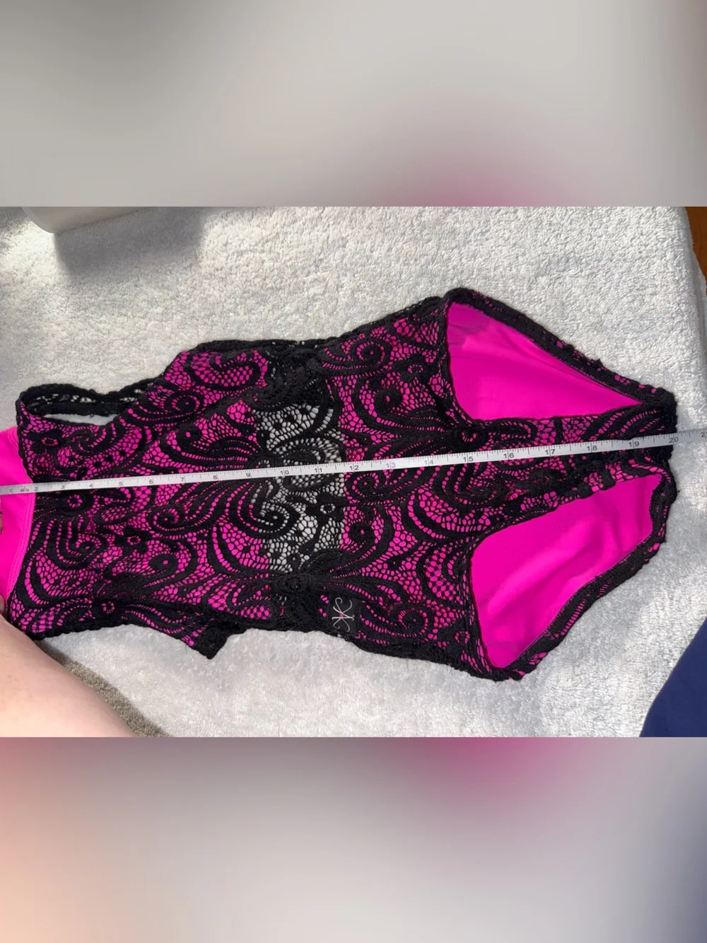 Kandi Kouture Hot Pink  Lace Leotard  with Black Mesh. Size Child Small (4/5)